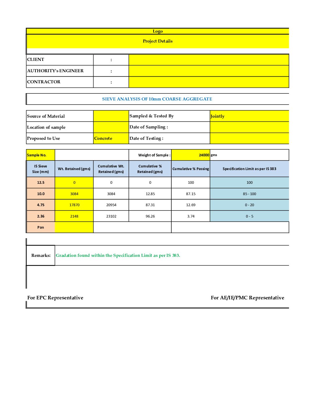 10mm Aggregate Gradation Excel Sheet (IS 2386 Compliant)