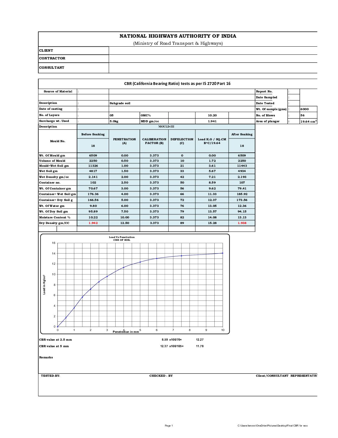 California Bearing Ratio (CBR) Excel Test Format as per IS 2720 Part 16 - Image 2