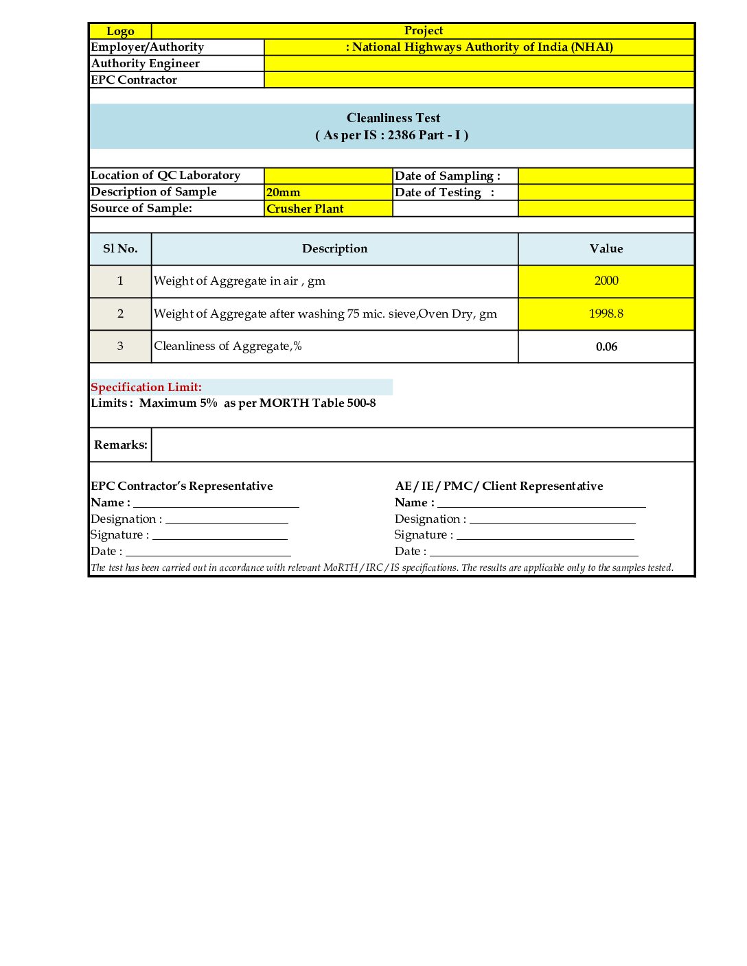 Cleanliness Test of Aggregate (20mm & 10mm) – Dust Content Excel Format | IS 2386 Part 1 | Auto Calculation