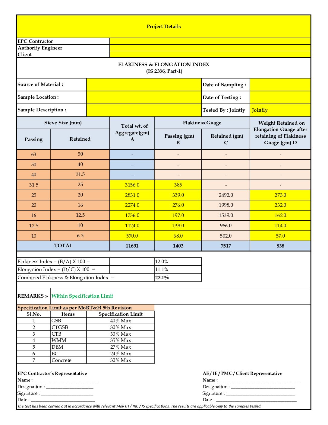 Combined Flakiness & Elongation Index Test – Excel Auto Calculation Format | IS 2386 Part 1 | Highway QA/QC