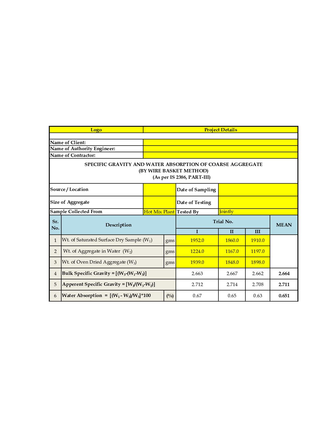 Specific Gravity & Water Absorption Test Format (10mm & 20mm Aggregate) – Excel Auto Calculation | As per IS 2386 Part 3