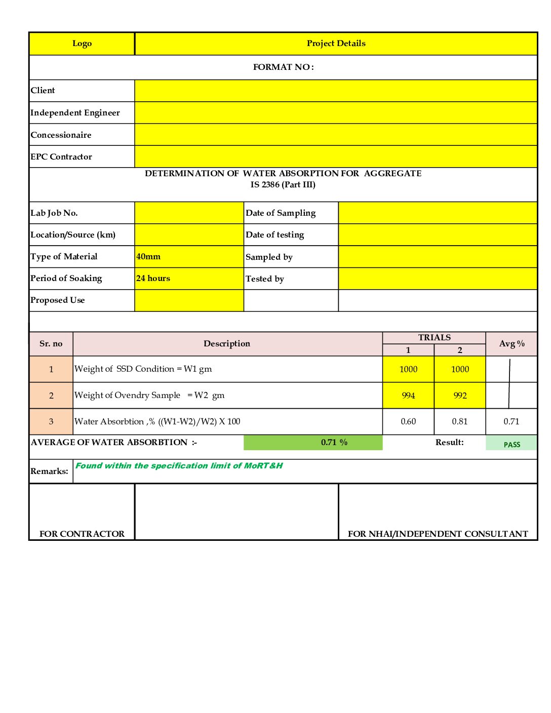Water Absorption Test Format – 40mm, 20mm, 10mm & Fine Aggregate (Sand) | Excel Auto Calculation | IS 2386 Part 3