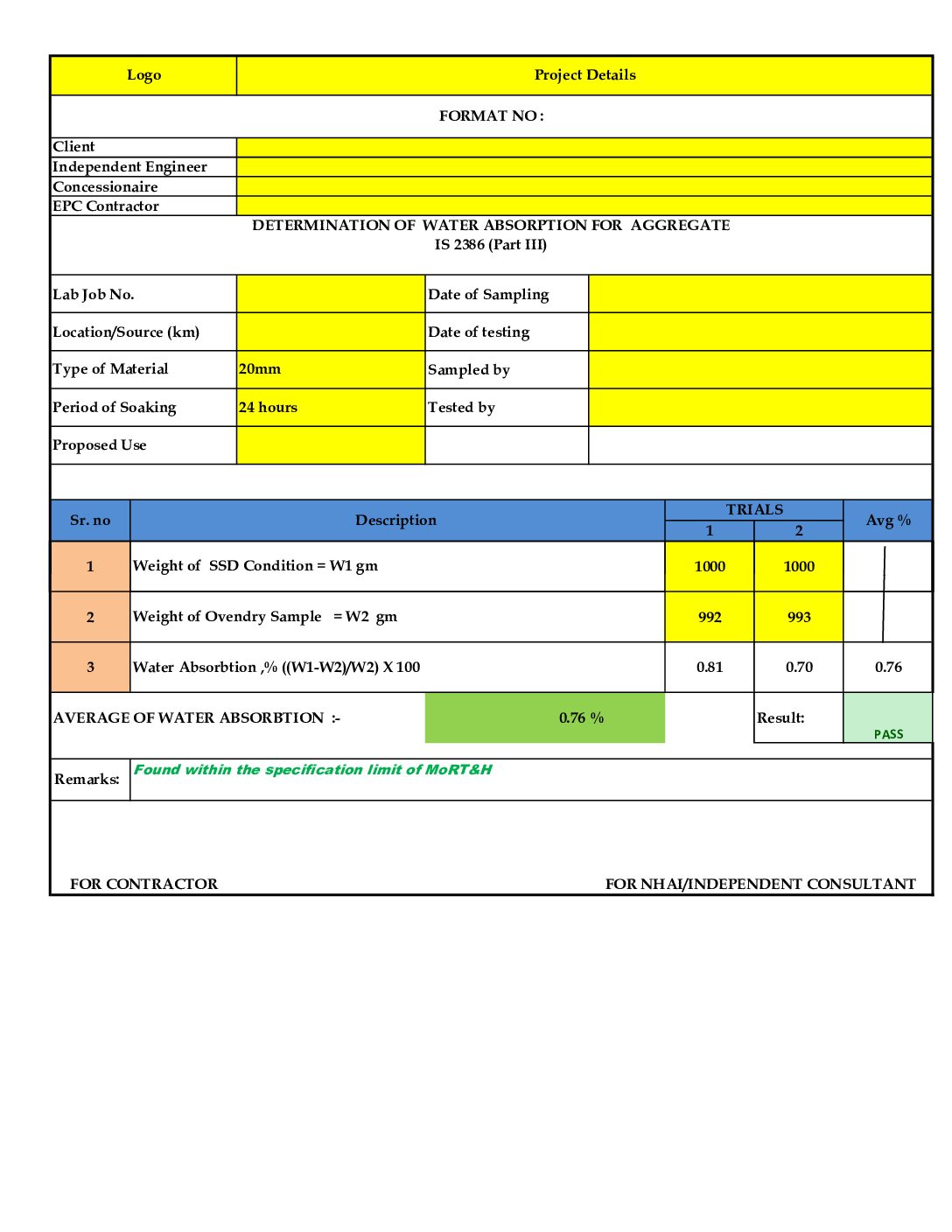 Water Absorption Test Format – 40mm, 20mm, 10mm & Fine Aggregate (Sand) | Excel Auto Calculation | IS 2386 Part 3 - Image 4
