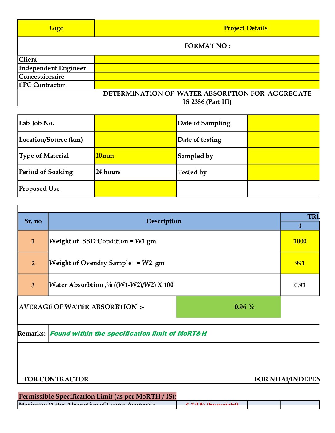 Water Absorption Test Format – 40mm, 20mm, 10mm & Fine Aggregate (Sand) | Excel Auto Calculation | IS 2386 Part 3 - Image 3